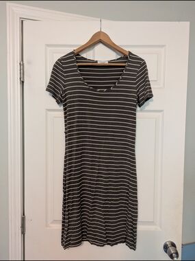 Calvin Klein Gray & White Striped Scoop-Neck Mini Dress